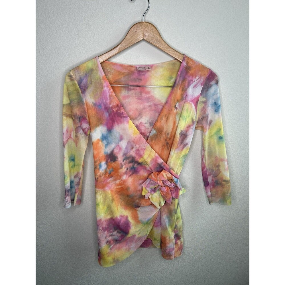 Vtg Y2K Johnny Heaven Tie-Dye Whimsy Watercolor Floral Sheer Mesh Wrap Top Small
